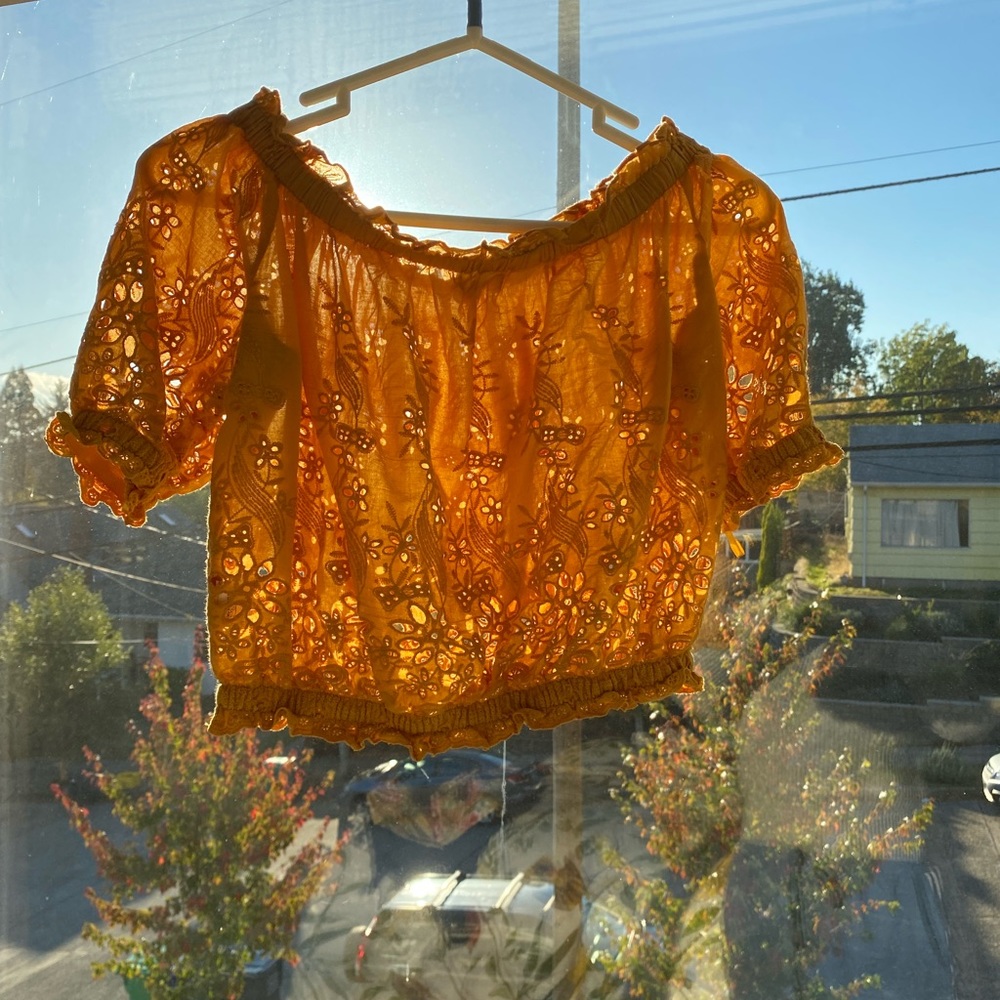Honey Punch | orange eyelit crop off-the-shoulder top | size small